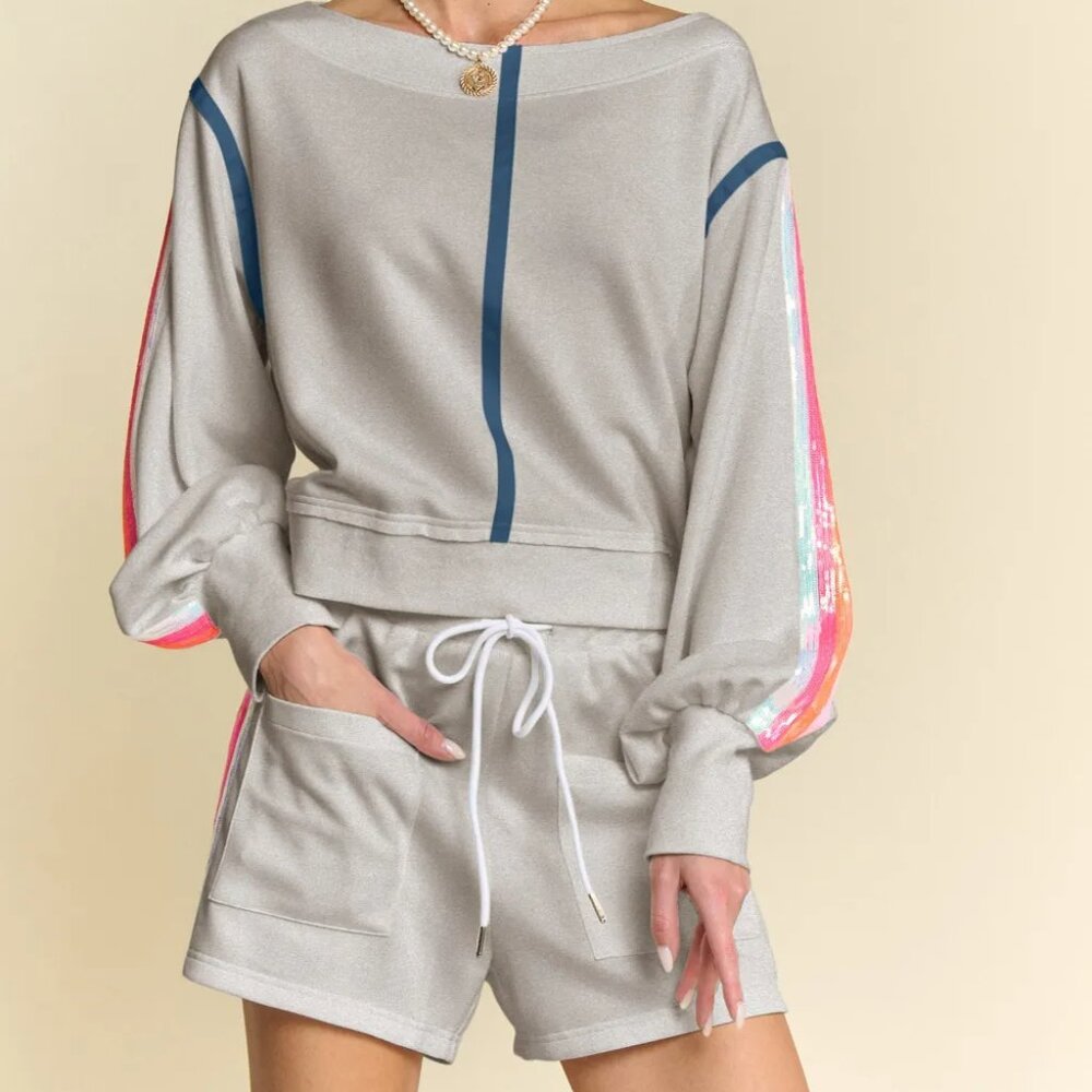 Davi & Dani‎ Sequin Stripe Long Sleeve Top And Short Pants Set
